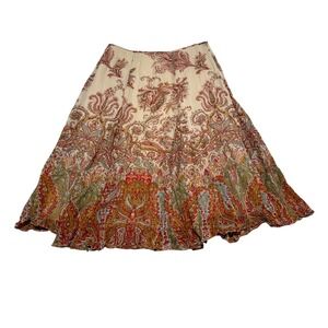 Lauren Ralph Lauren Silk Paisley Midi Skirt Cream Size 8 Boho Classic Feminine